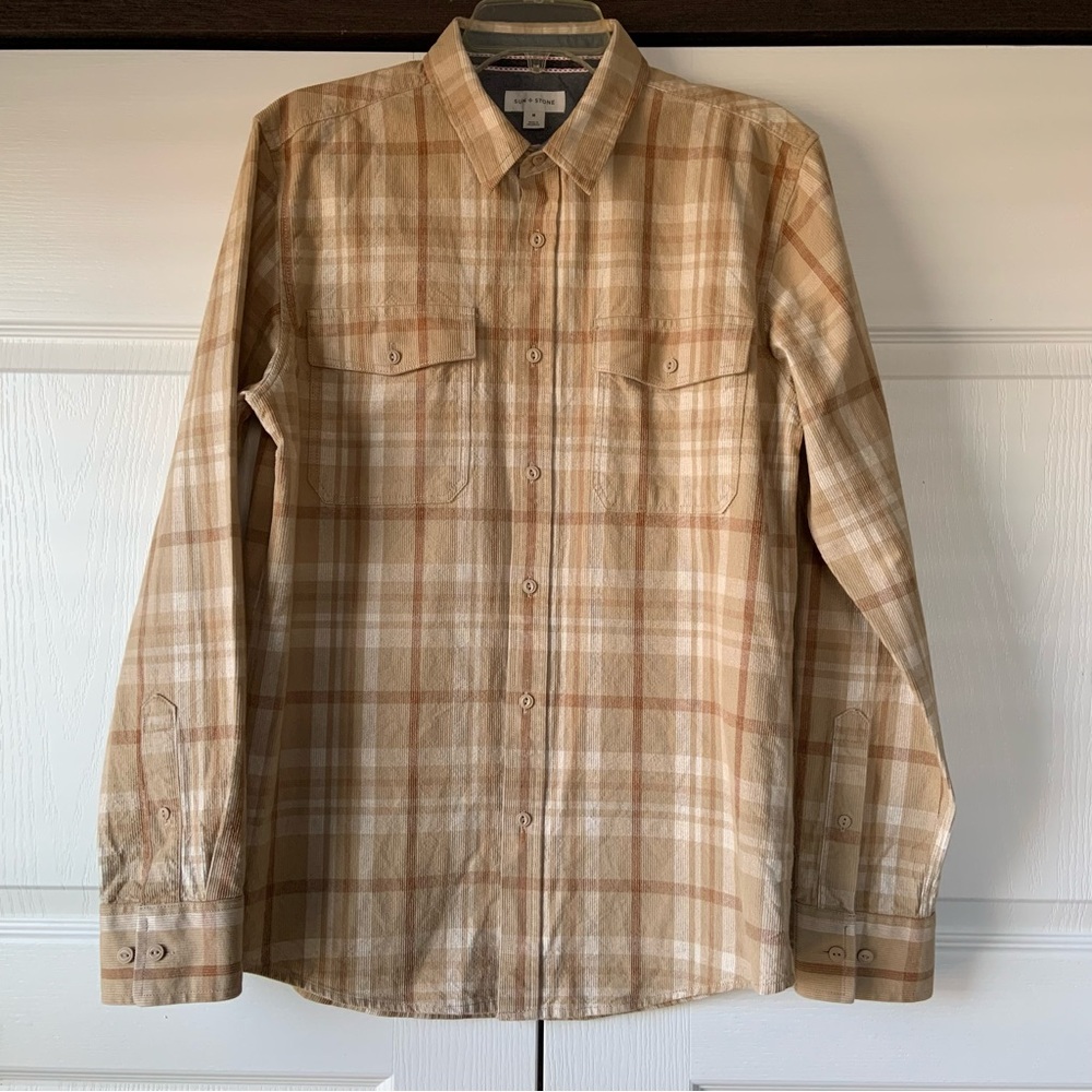 Sun & Stone Men’s Corduroy Plaid Long Sleeve Button Down Medium Cotton, pockets